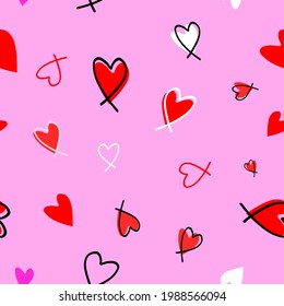 Ilustración vectorial de corazones dibujados a mano sobre fondo rosado.