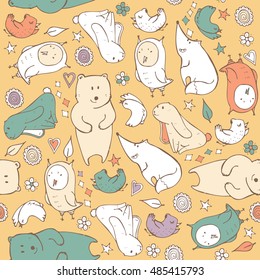 Seamless vector illustration hand drawn in pastel colors on yellow background. Cute forest animals and birds in beautiful doodle pattern decorated with hearts and stars and flowers. Seamless design.
