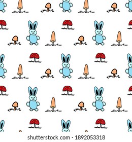 Seamless vector illustration with hares and mushrooms on a white background.