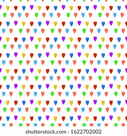 Seamless vector illustration of hearts of rainbow colors on a white background, from hand made, artistic. Greeting beautiful tile, wrapper, cover, textile, postcard, wallpaper design.