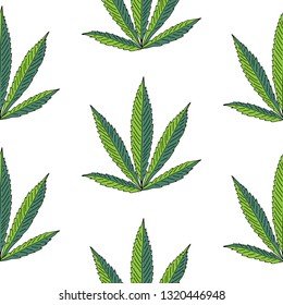seamless vector illustration of hemp leaf isolated on white background.