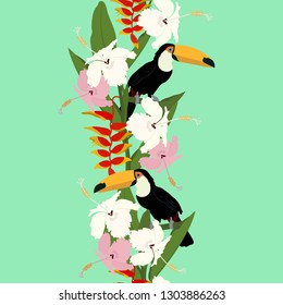 Seamless vector illustration with hibiscus flowers and a toucan bird on a green background. For decorating textiles, packaging, wallpaper. Vertical.