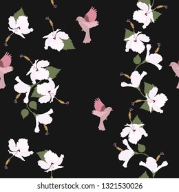 Seamless vector illustration with hibiscus flowers and birds . For decorating textiles, packaging, covers.