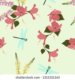 Seamless vector illustration with hibiscus flowers, lupine and dragonflies. For decorating textiles, packaging, covers.