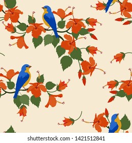 Seamless vector illustration with hibiscus flowers and beautiful birds on a beige background. For decoration of textiles, packaging, wallpaper.