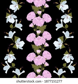Seamless vector illustration with hibiscus flowers and hortensia on a black background. For decorating textiles, packaging, covers. Vertical.