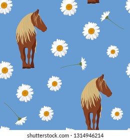 Seamless vector illustration with a horse and chamomile on a blue background. For decorating textiles, packaging, web design.