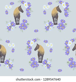 Seamless vector illustration with horse and flowers on gray background. For decoration of textiles, packaging, wallpaper, web design