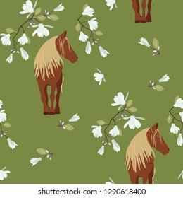 Seamless vector illustration with horse and flowers on green background. For decoration of textiles, packaging, wallpaper, web design