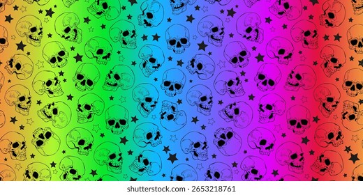Seamless vector illustration. Human skulls on rainbow gradient background