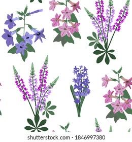 Seamless vector illustration with hyacinth, lupine and bluebells on a white background. For decoration of textiles, packaging, wallpaper.