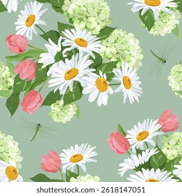 Ilustração de vetor sem costura com hortênsia, camomila, tulipas e libélulas em um fundo cinza. Para decorar têxteis, embalagens, papel.