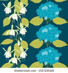 Seamless vector illustration with hydrangea and fuchsia flowers on a dark background. For textile decoration, packaging, web design.