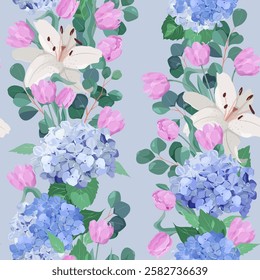 Seamless vector illustration with hydrangea, lily, tulips and eucalyptus on a blue background. For decorating textiles, packaging, paper.