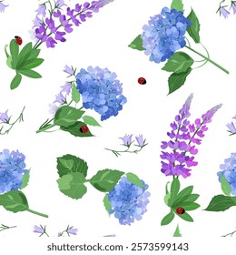 Seamless vector illustration with hydrangea, lupine and ladybugs on a white background. For decorating textiles, packaging, paper.