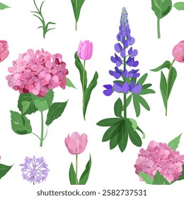 Seamless vector illustration with hydrangea, lupine and tulips on a white background. For decorating textiles, packaging, paper.