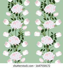 Ilustración vectorial transparente con hidrangea y tulipanes sobre un fondo verde. Vertical. Para decorar textiles, embalajes, papel pintado.