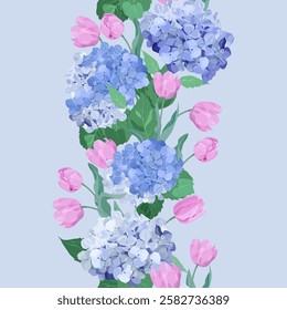 Seamless vector illustration with hydrangea and tulips on a blue background. For decorating textiles, packaging, paper. Vertical.