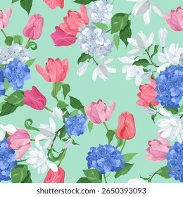 Ilustração de vetor sem costura com hortênsia, tulipas e magnólia em um fundo turquesa. Para decorar têxteis, embalagens, papel.