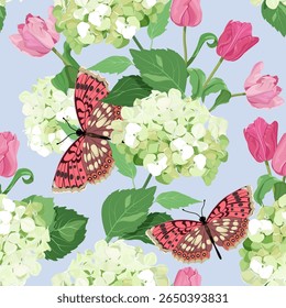 Seamless vector illustration with hydrangea, tulips and butterflies on a blue background. For decorating textiles, packaging, paper.