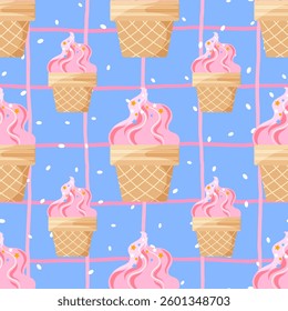 Seamless vector illustration of ice cream cones with a checkered pattern, perfect for designing trendy summer textiles, children's clothing, and wrapping paper with a delicious, playful touch