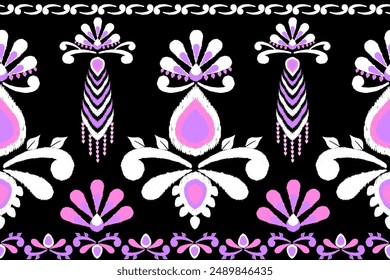 A seamless vector illustration of a Ikat pattern with pink and purple flowers, leaves, and nature-inspired elements, perfect for wallpaper or textile design