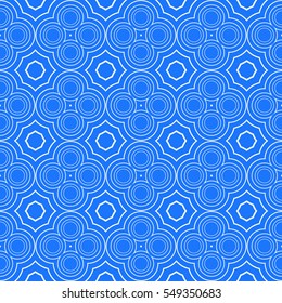 Seamless vector illustration with the image of a grid of different options transformed circles. For the design, printing, Wallpaper. Blue.