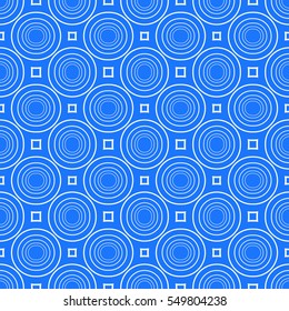 Seamless vector illustration with the image of a grid of different options transformed circles. For the design, printing, Wallpaper. Blue.