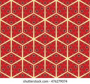 Seamless vector illustration with the image of a polygonal pattern with illusion cube. For the design, printing, wallpaper. Golden, red, black color