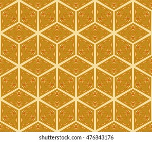 Seamless vector illustration with the image of a polygonal pattern with illusion cube. For the design, printing, wallpaper. Golden, red, black color