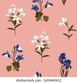 Seamless vector illustration with iris flowers, aquilegia and lily on a pink background 