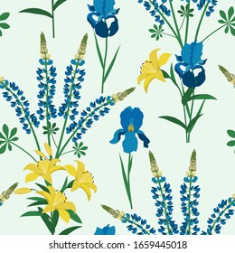 Seamless vector illustration with iris flowers,lupine and lily on light background.  