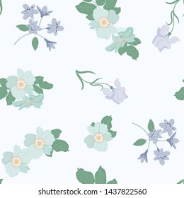 Seamless vector illustration with irises and dog rose on a white background. For decoration of textiles, packaging, web design.