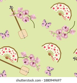 Seamless vector illustration with Japanese musical instrument shamisen, orchids and butterflies. For decorating textiles, packaging, web design.