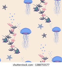 Seamless vector illustration with jellyfish and fish on a beige background. For decoration of textiles, packaging, wallpaper.