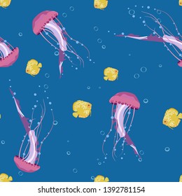 Seamless vector illustration with jellyfish and fish on a blue background. For decoration of textiles, packaging, wallpaper.