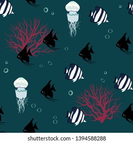 Seamless vector illustration with jellyfish and fish on a dark background. For decoration of textiles, packaging, wallpaper.