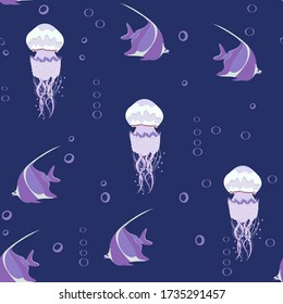 Seamless vector illustration with jellyfish and fish on a dark background. For decoration of textiles, packaging, wallpaper.