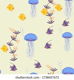 Ilustración vectorial sin foco con medusas y peces en un fondo beige. Para la decoración de textiles, embalajes, papel pintado.