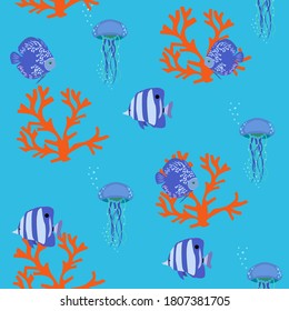 Seamless vector illustration with jellyfish and fish on a blue background. For decoration of textiles, packaging, wallpaper.