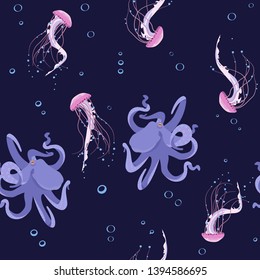 Seamless vector illustration with jellyfish and octopus on a dark background. For decoration of textiles, packaging, wallpaper.