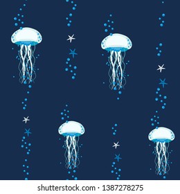 Seamless vector illustration with jellyfish on a dark background. For decoration of textiles, packaging, wallpaper.