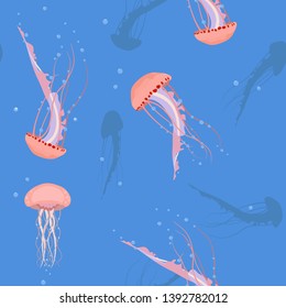 Seamless vector illustration with jellyfish on a blue background. For decoration of textiles, packaging, wallpaper.