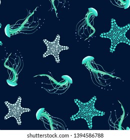 Seamless vector illustration with jellyfish on a dark background. For decoration of textiles, packaging, wallpaper.