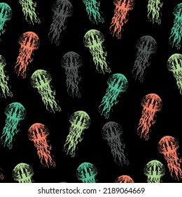 Seamless vector illustration with jellyfish on a dark background.  Abstract fantasy.