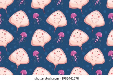 Seamless vector illustration with jellyfish and stingray. Seamless marine baby pattern. Vector illustration in cartoon style. Marine life for children's textiles
