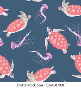 Seamless vector illustration with jellyfish and turtle . For decoration of textiles, packaging, wallpaper.