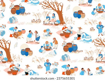 Seamless Vector Illustration of Kimchi-Making Day: Heartwarming Illustration of Families and Village Folk Coming Together to Make Kimchi.	