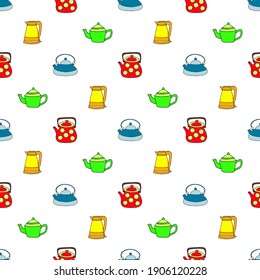 Seamless vector illustration of kitchen teapots on a white background. Doodle drawing style.