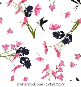 Seamless vector illustration with kosmeya flowers, iris, bellflowers and swallows in a white background. For textile decoration, packaging, web design.